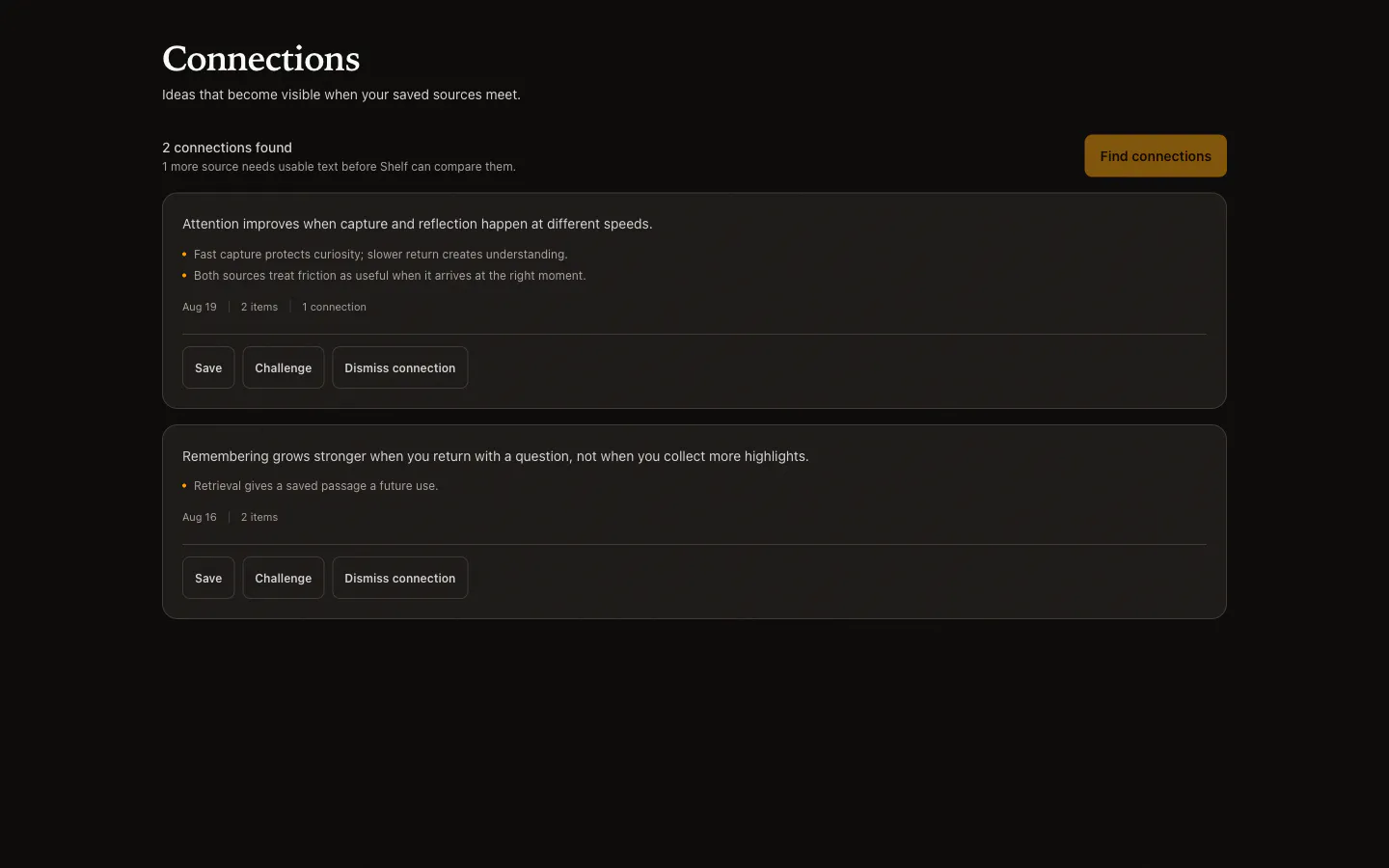 Shelf Connections view showing two evidence-backed patterns and controls to save, challenge or dismiss them