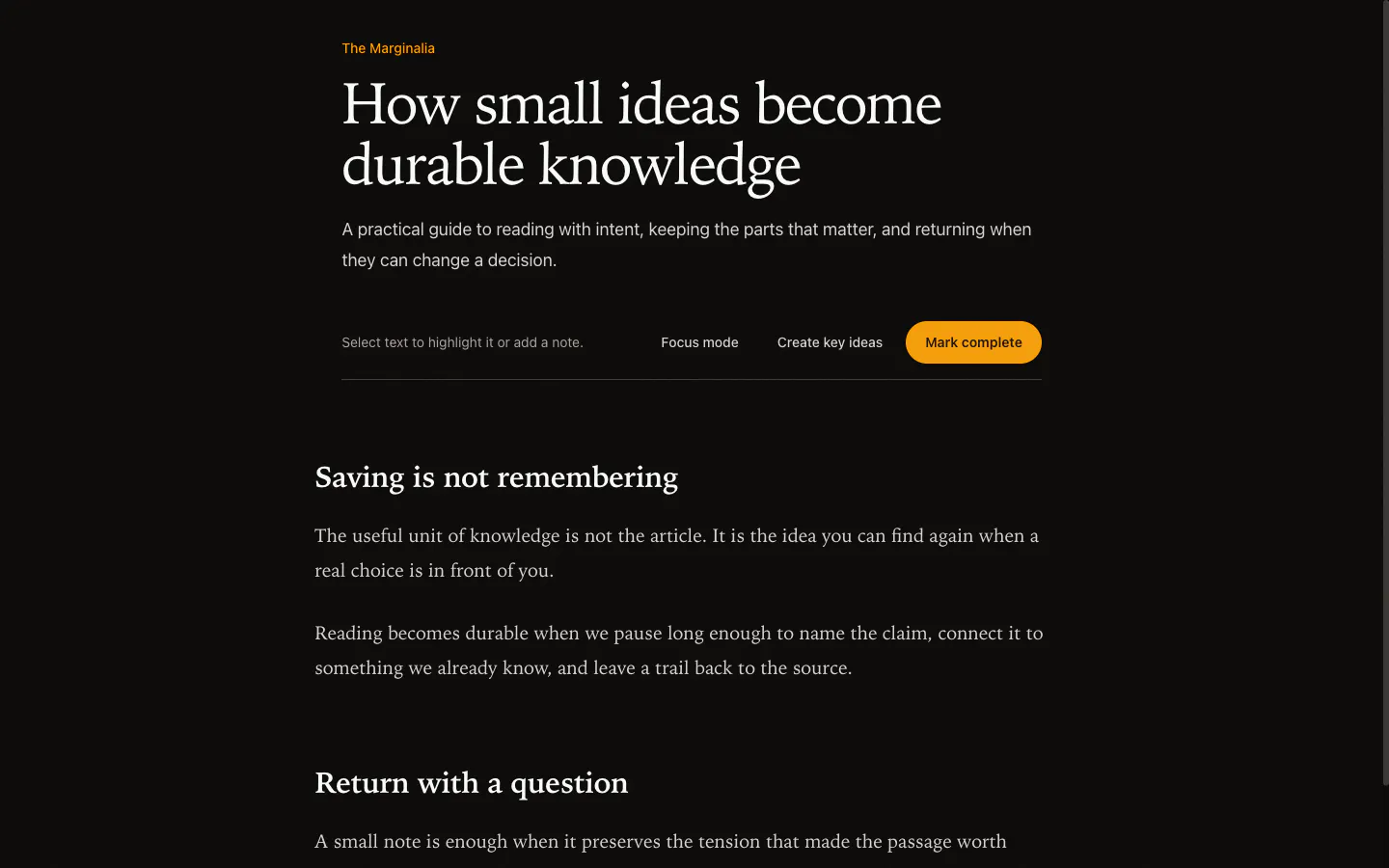 Shelf reader showing a saved article, its source details, reading controls and clean article text
